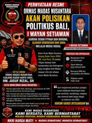 Wayan Setiawan Politikus Bali Akan Dipolisikan Ormas Madas Nusantara Sebar Fitnah dan SARA di Medsos