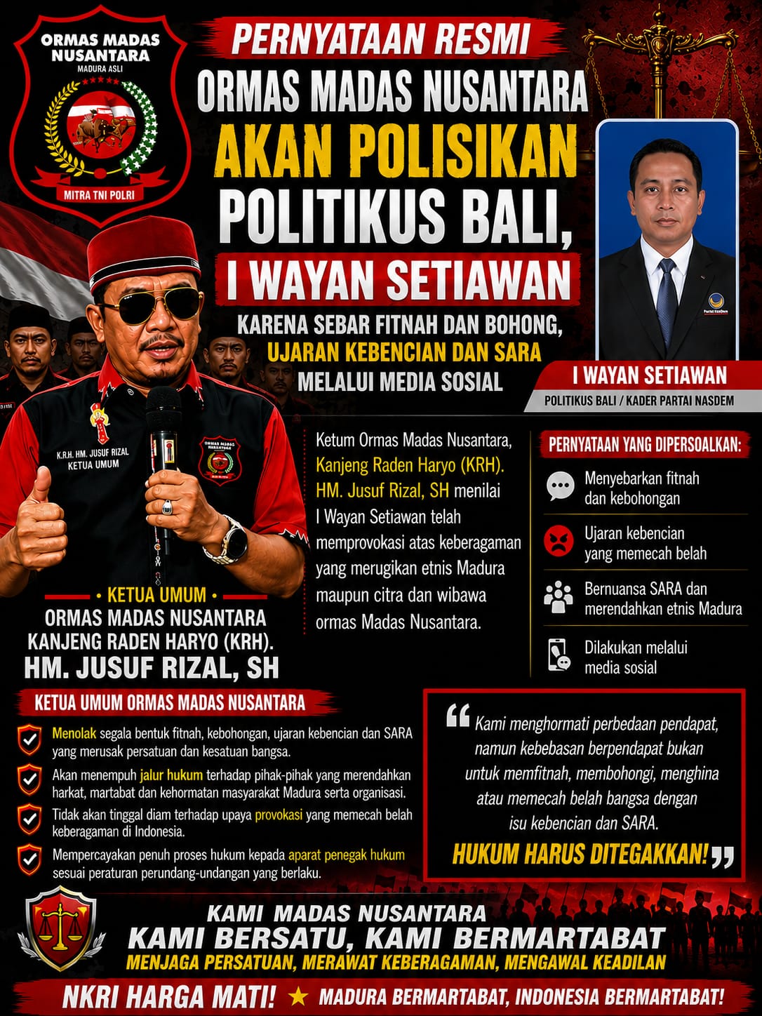 Wayan Setiawan Politikus Bali Akan Dipolisikan Ormas Madas Nusantara Sebar Fitnah dan SARA di Medsos