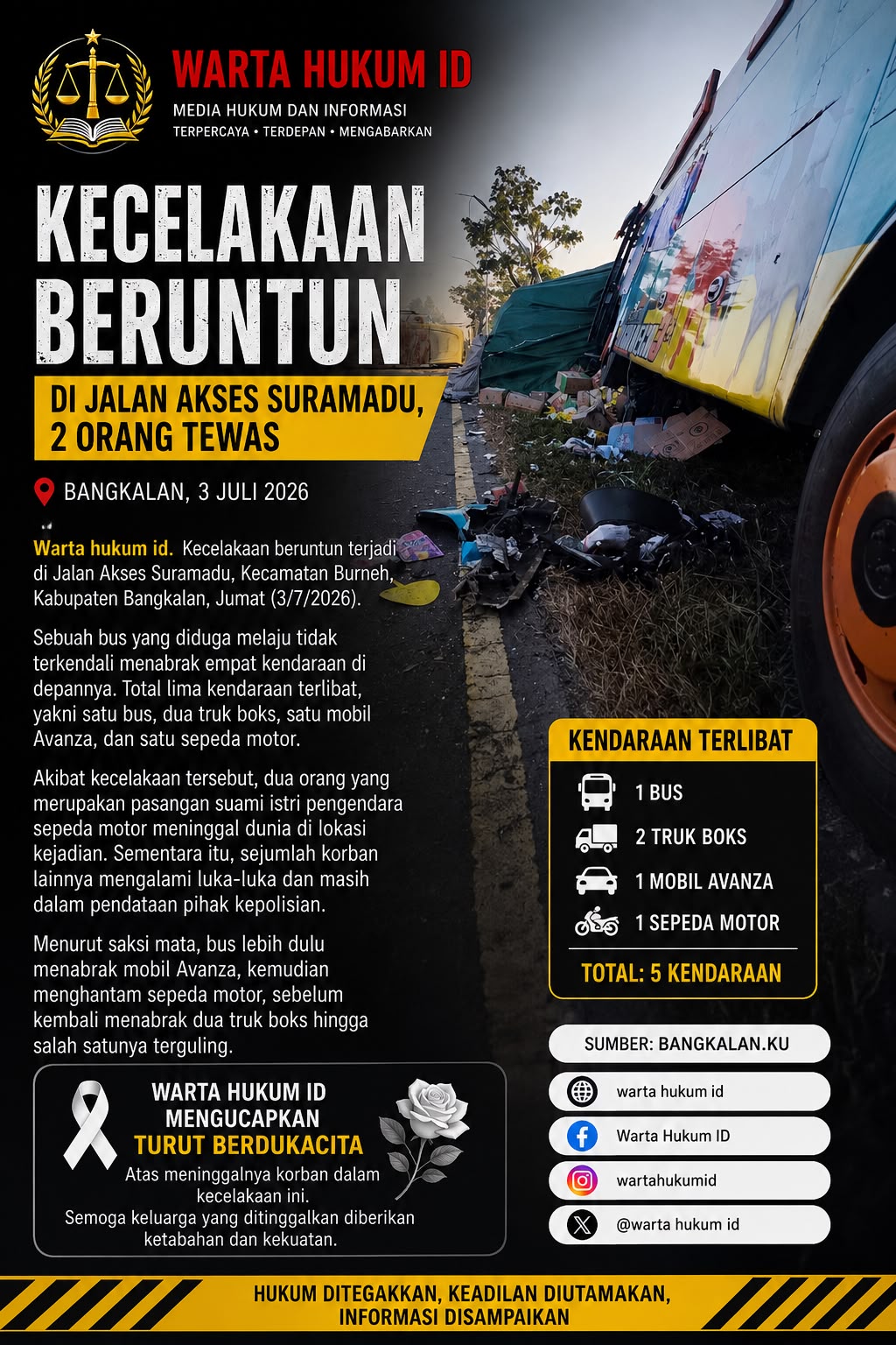 Kecelakaan Tangkel Bangkalan: Bus Tabrak Empat Kendaraan, Pasutri Tewas di Akses Suramadu