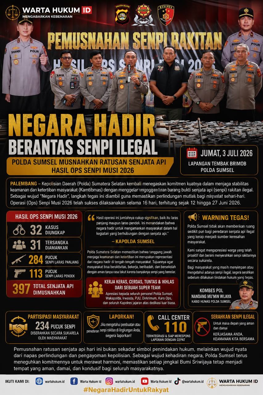 Senpi Ilegal Sumsel: Polda Musnahkan 397 Senjata Api Hasil Ops Senpi Musi 2026, Tegaskan Negara Hadir Lindungi Masyarakat