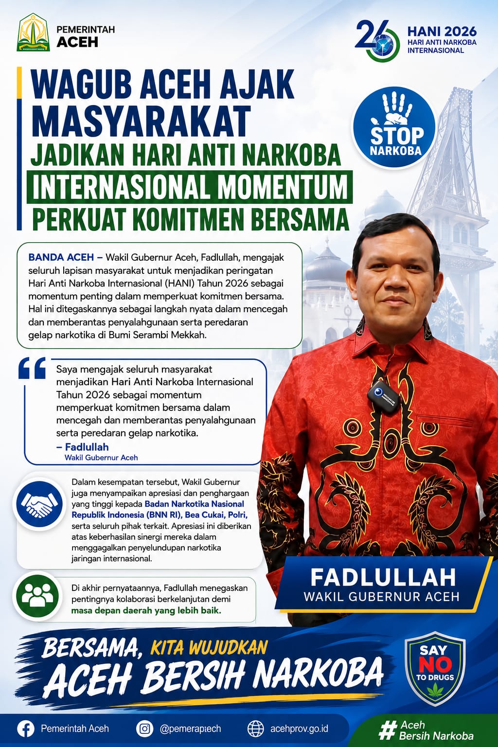 Hari Anti Narkoba Internasional 2026, Wagub Aceh Ajak Masyarakat Perkuat Komitmen Bersama Berantas Narkotika