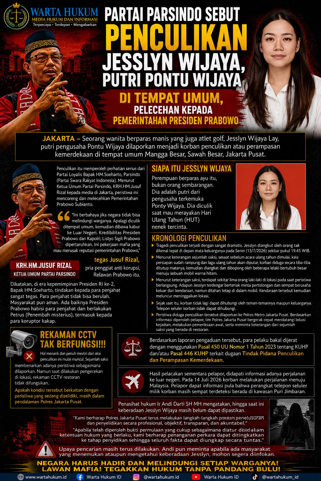 Penculikan Jesslyn Wijaya Jadi Sorotan, Parsindo Sebut Kasus Ini Pertaruhkan Wibawa Pemerintahan Prabowo