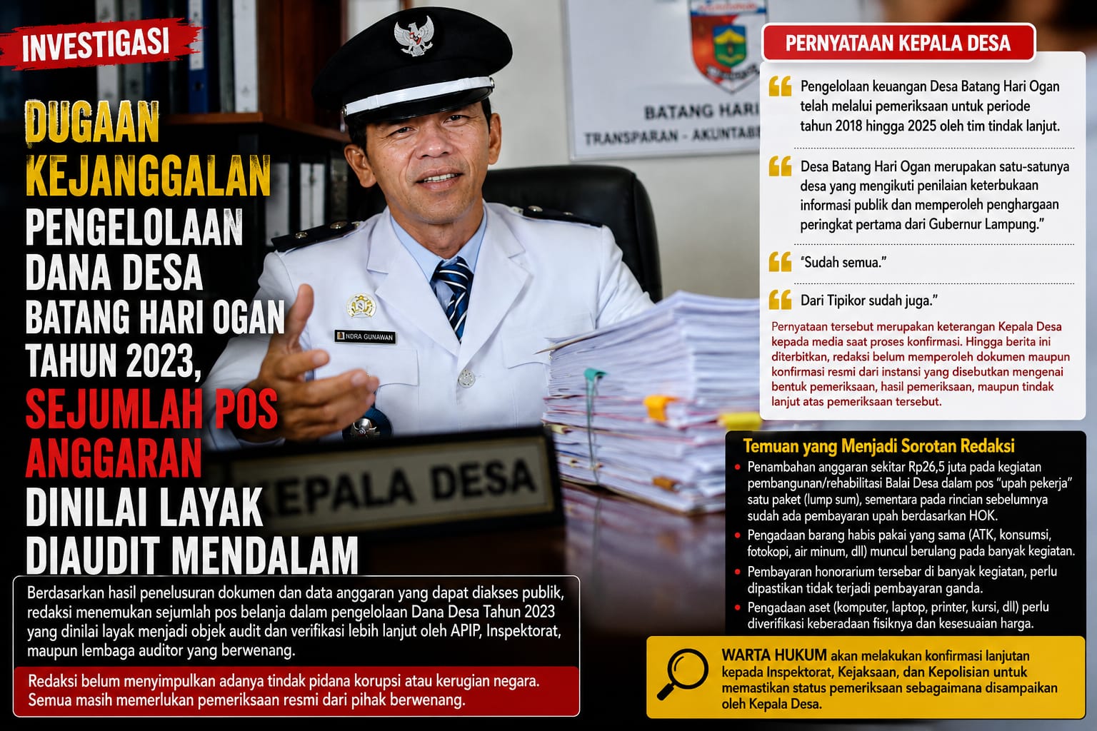 Dugaan Kejanggalan Pengelolaan Dana Desa Tahun 2023 Desa Batang Hari Ogan, Sejumlah Pos Anggaran Dinilai Layak Diaudit Mendalam