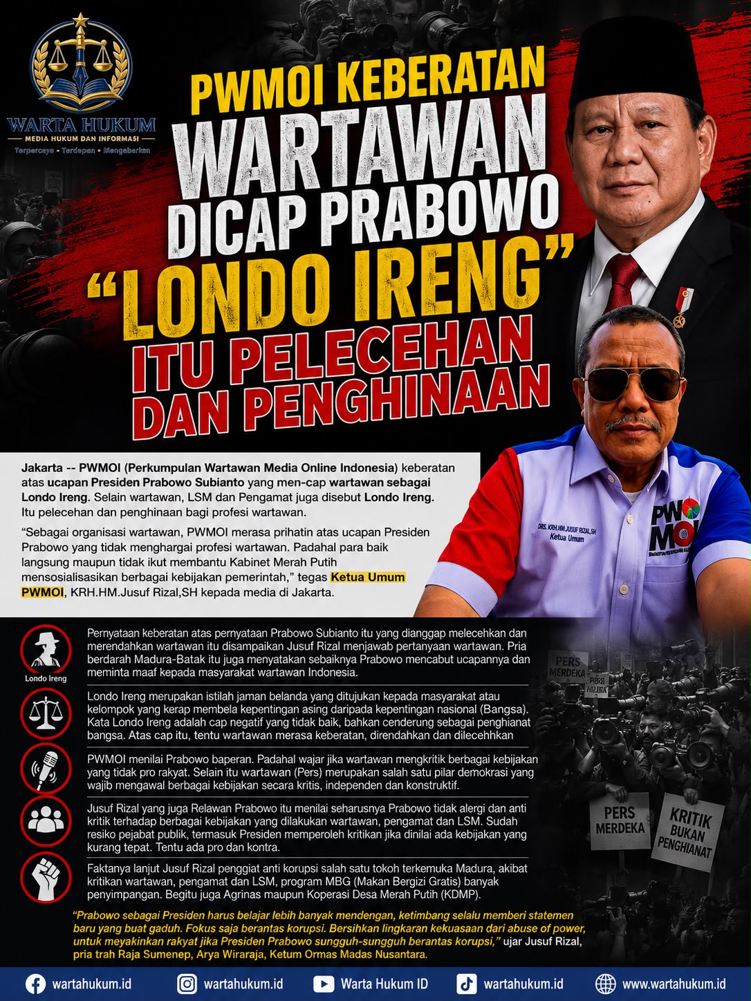 PWMOI Keberatan Wartawan Dicap Londo Ireng, Minta Presiden Prabowo Cabut Pernyataan dan Sampaikan Permintaan Maaf