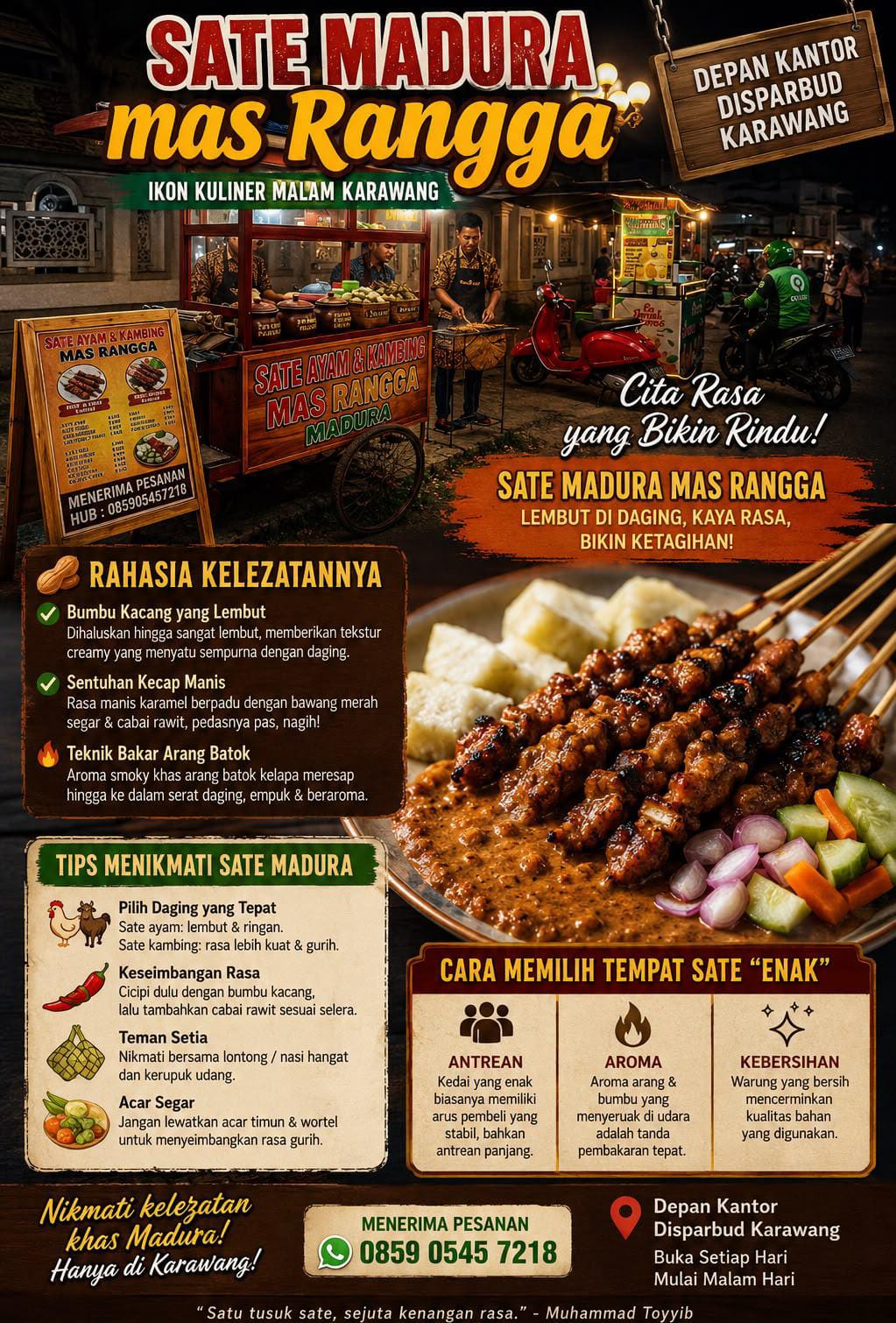 Sate Madura Mas Rangga: Nikmati Kuliner Legendaris di Alun-Alun Karawang, Lezat, Gurih, Harga Bersahabat