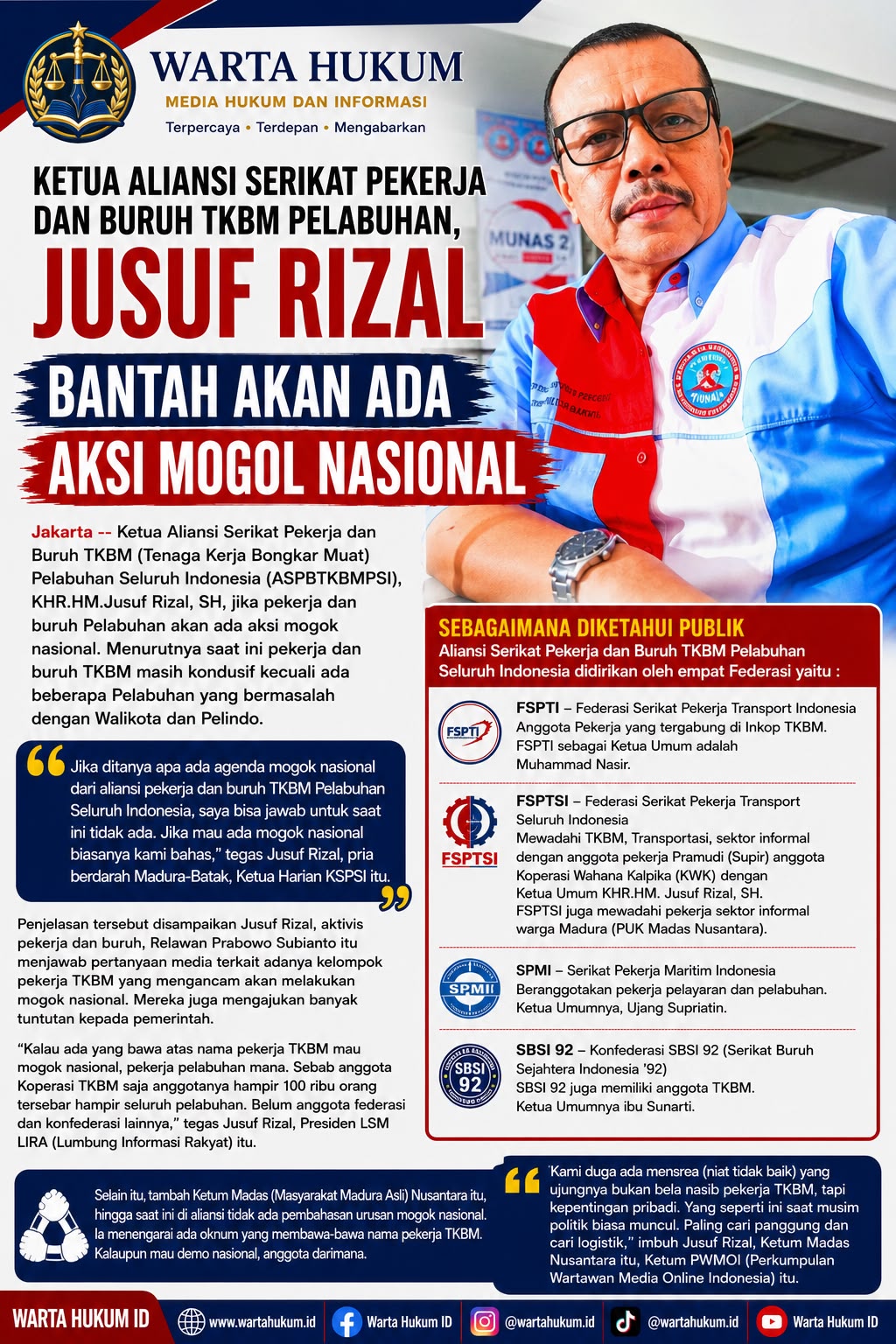 Ketua Aliansi TKBM Bantah Isu Mogok Nasional, Jusuf Rizal: Saat Ini Kondisi Pekerja Pelabuhan Kondusif