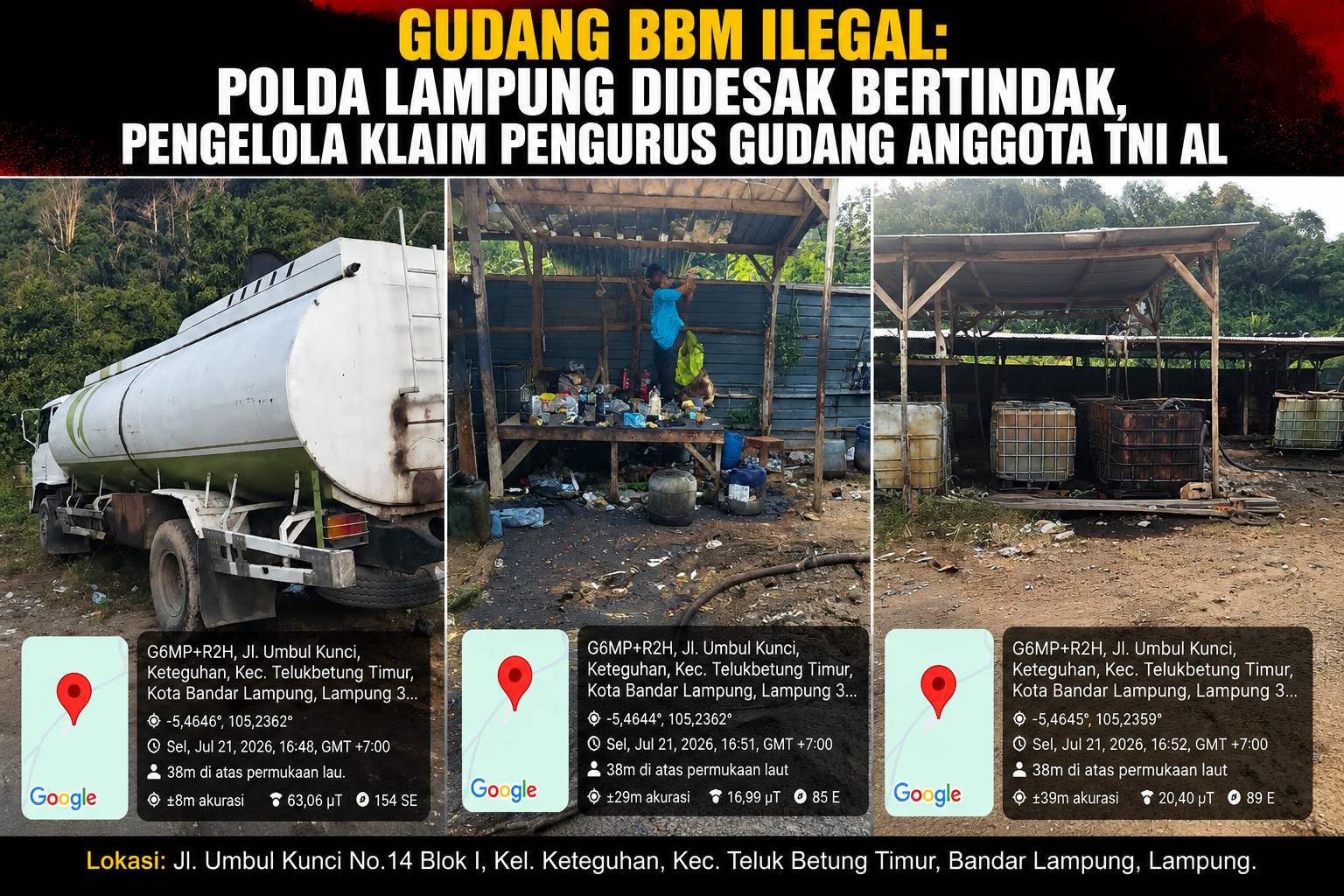 Gudang BBM Ilegal: Polda Lampung Didesak Bertindak, Pengelola Klaim Pengurus Gudang Anggota TNI AL