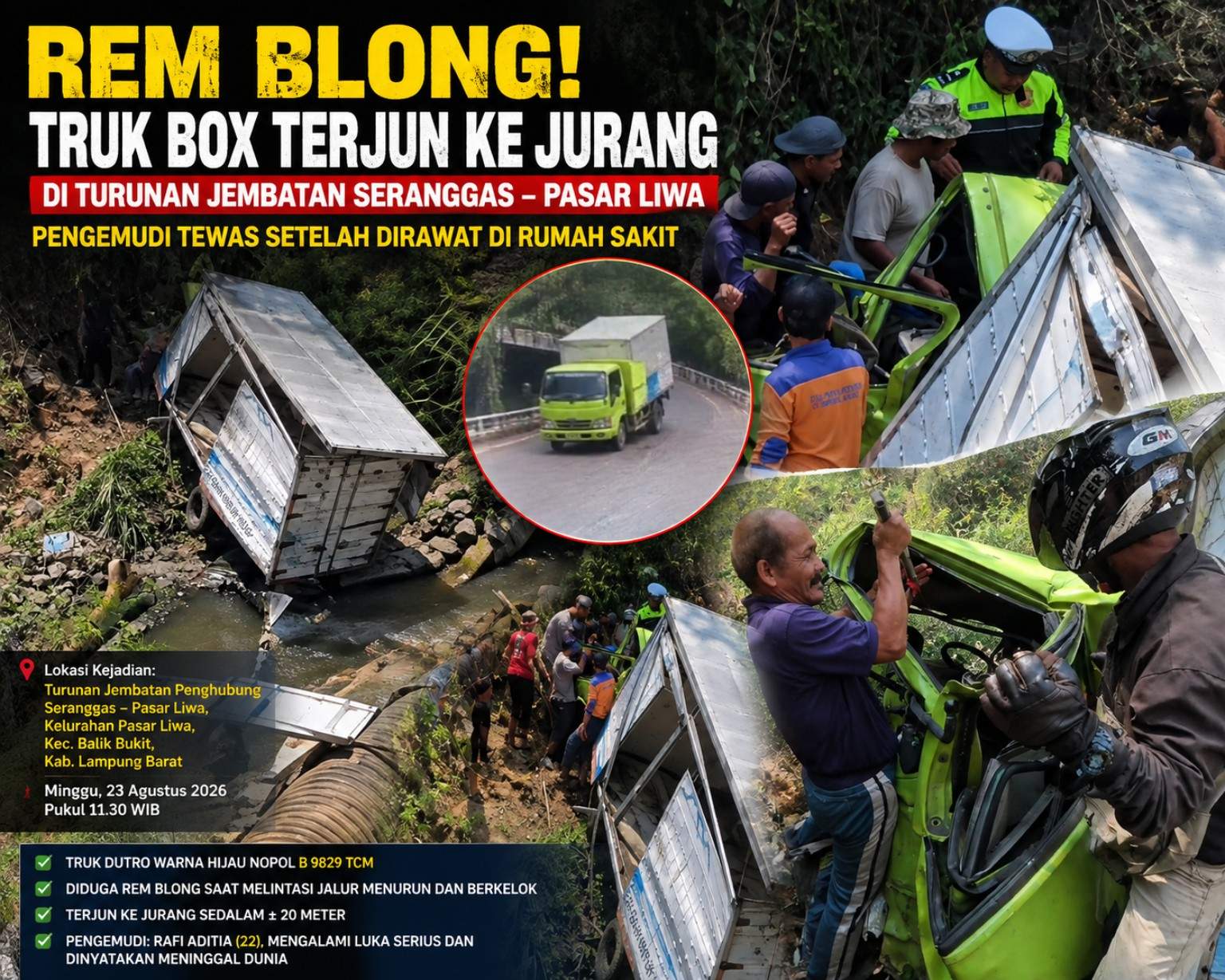 Kecelakaan Tunggal Truk Box di Liwa, Diduga Rem Blong hingga Terjun ke Jurang 20 Meter