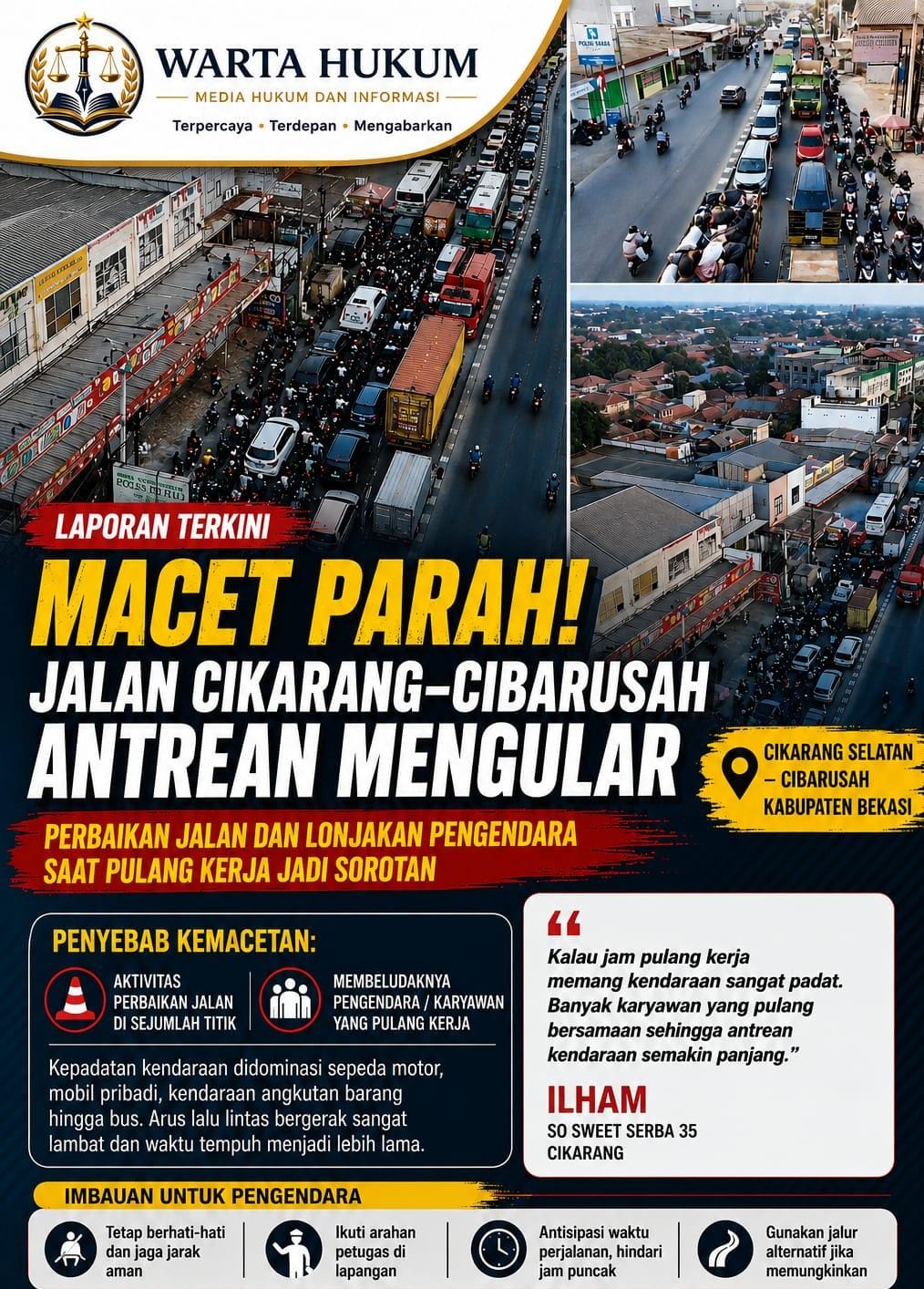 Jalur Cikarang–Cibarusah Macet Parah, Perbaikan Jalan dan Jam Pulang Kerja Picu Antrean Panjang
