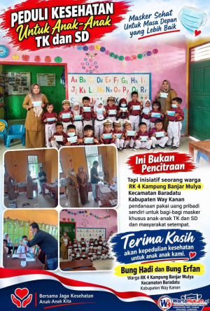 Bukan Pencitraan! Warga RK 4 Banjar Mulya Baradatu Way Kanan Rogoh Kocek Pribadi Bagi-Bagi Masker Gratis untuk Anak TK dan SD Terdampak Debu Proyek Jalan